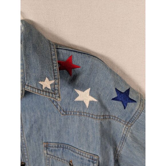 Vintage Jake Stewart Embroidered Stars & Boots Denim Button Up Shirt Size Medium - Picture 8 of 16